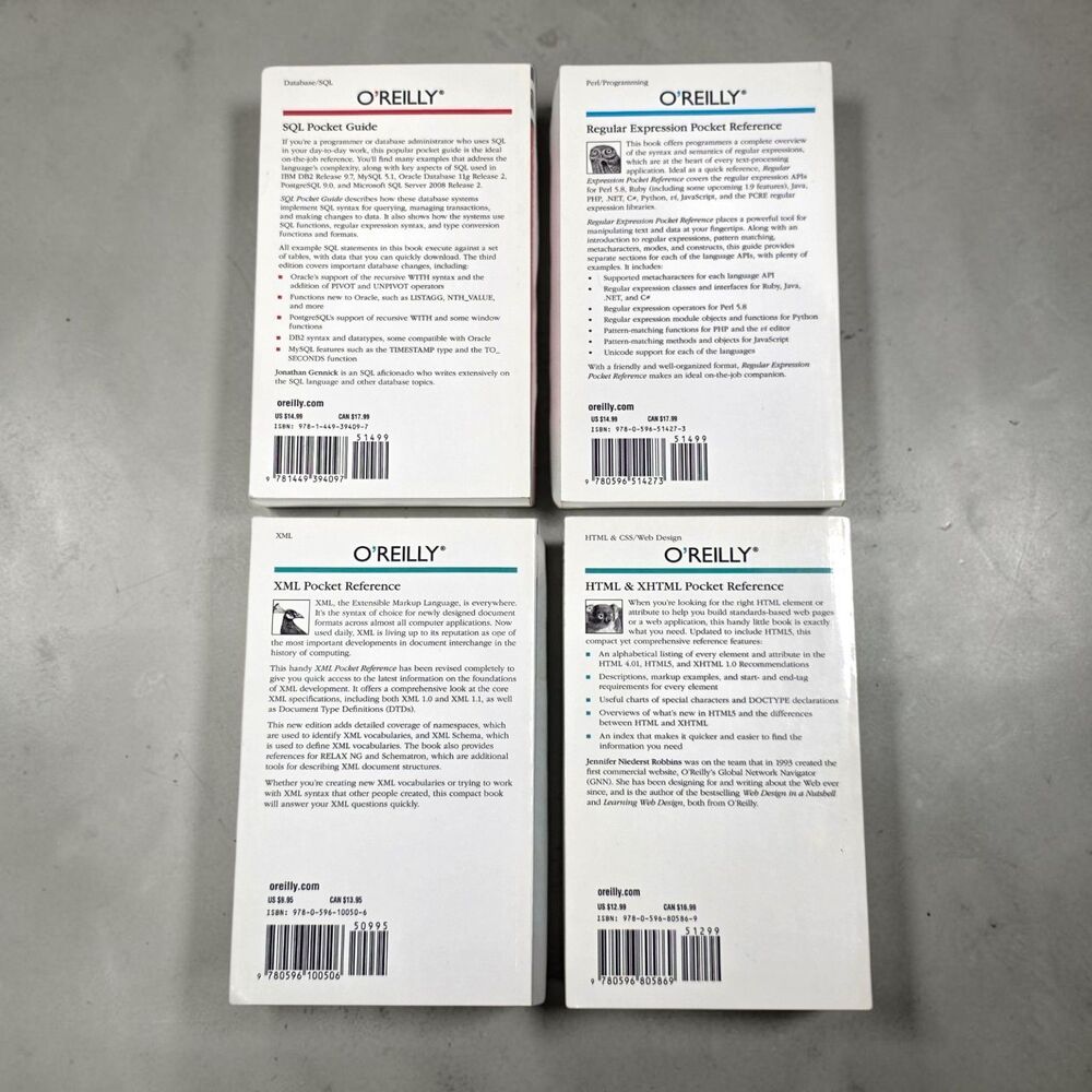 O'Reilly Pocket Reference Book Lot 4 SQL XML HTML XHTML Regex Programming Guide - Picture 2 of 11